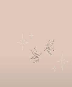 two tinkerbells flying in the sky with stars around them on a pink background