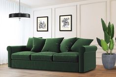 a green couch sitting in front of a window next to a potted plant on top of a hard wood floor