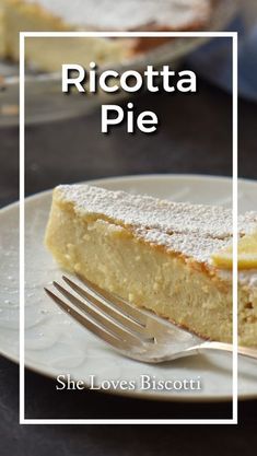 a slice of ricotta pie on a plate with a fork