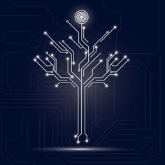 an electronic circuit board with a tree in the middle and light coming out from it