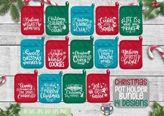 twelve christmas potholders with holiday sayings on them and candy canes in the background