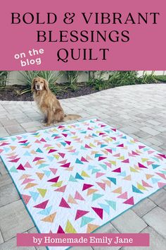 a dog sitting on the ground next to a quilt that says bold and vibrant blessings quilt