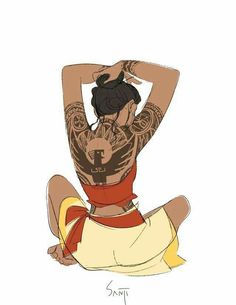 a drawing of a woman with tattoos on her arms and legs, sitting in the floor