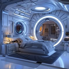 a futuristic bedroom is shown in white and features a circular light fixture above the bed