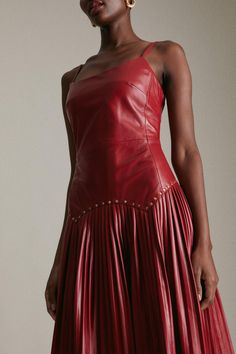 Leather Pleat And Stud Detail Midi Dress Leather Midi Dress, Red Midi Dress, Leather Dresses, Karen Millen, After Dark, Long A Line, Fashion Face, Skirt Fashion, Dress Collection