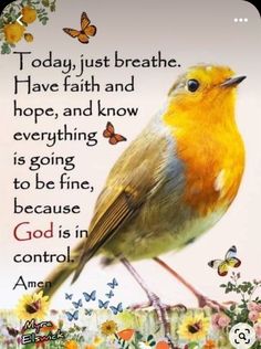 a bird sitting on top of a flower covered ground next to a quote that reads today just breathe have faith and hope, and know everything is going to be fine