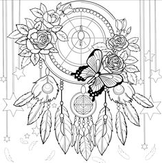 a coloring page with flowers and feathers in the center, surrounded by arrows on white paper