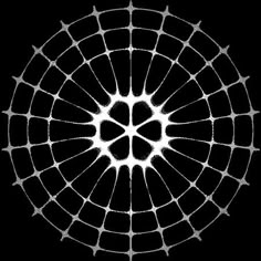 an abstract circular pattern on a black background with white lines in the center and small dots at the top