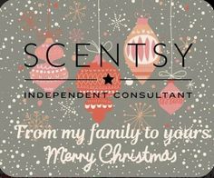 a christmas card with ornaments hanging from strings and the words, scentsy independent constant