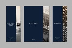 three vertical brochures with black and white images on them, one is for the wine list