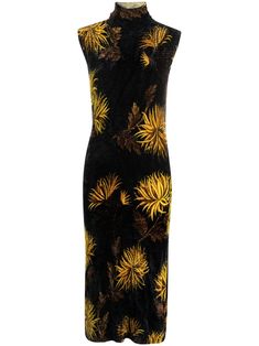 black/sunflower yellow corduroy all-over floral print high neck sleeveless straight hem below-knee length Black And Yellow Dress, Etro Dresses, Etro Dress, Black Sunflower, Pointed Flat Collar, Satin Wrap Dress, Sunflower Yellow, High Neck Sleeveless, Vestido Casual