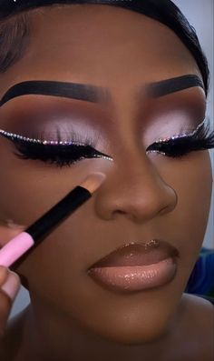 Full Glam Makeup With Rhinestones, Colorful Makeup With Gems, Birthday Makeup Ideas For Black Women, Birthday Photoshoot Makeup Ideas, Prom Makeup Full Face Glam, Makeup Looks For Black Women Prom, 19th Birthday Makeup Ideas, Full Face Beat Makeup, Birthday Makeup Looks Black Women