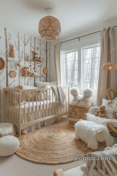 a baby's room with an animal themed wallpaper and crib in the corner