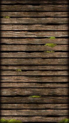 an old wooden plank wall with grass growing on the bottom and side boards in the middle