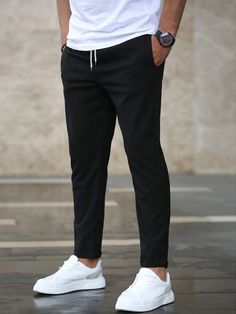 Men Slant Pocket Drawstring Waist Pants | SHEIN USA Simple Casual Outfits Men, Mens Black Joggers Outfit, Simple Black Outfits Men, Mens Joggers Outfit Casual, Worship Leader Outfit Men, Mens Clothing Styles Casual Pants, Mens Vans Outfit, All Black Mens Outfits Casual, Casual Outfits For Men Simple