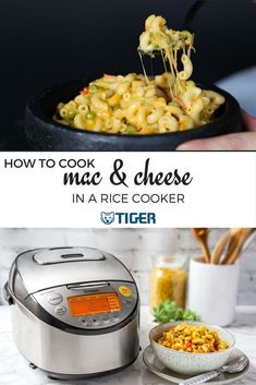 how to cook macaroni and cheese in a rice cooker with text overlay