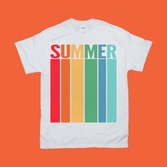 Summer | Retro Sunset | Stripes T-Shirts, Rainbow Stripes Summer Tee, Summer Vibes, Summer Lovers Shirt, Season Shirt This is an amazing soft-style t-shirt that is a staple in every wardrobe. Featuring a rolled forward shoulder, double sleeve needle, and bottom hems as well as a seamless double-needle collar, Gildan 64000 is extremely lightweight but durable. Your stunning designs will not go unnoticed on this crowd-pleaser shirt. THANKS FOR LOOKING! ☺ Want more funny, unique, and creative shirt Casual Cotton T-shirt For Summer Adventures, Trendy Multicolor T-shirt For Vacation, Trendy Multicolor T-shirt For Beach, Trendy Multicolor T-shirt For The Beach, Summer Short Sleeve T-shirt For Warm Weather, Trendy Multicolor Summer Shirt, Summer Cotton T-shirt With Relaxed Fit, Cotton Tops With Letter Print For Summer, White Summer T-shirt With Text Print