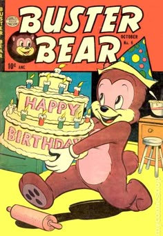 a cartoon bear with a birthday cake in front of him