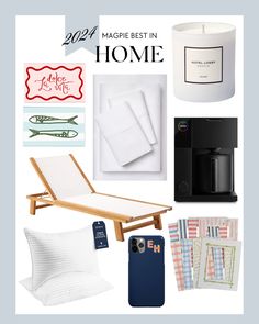 a collage of home items including a candle, phone case, and bedding