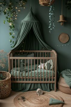 a baby's room with a canopy bed and green walls