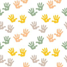 many different colored hand prints on a white background with yellow, green and orange colors