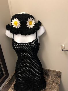 black crochet mesh dress with ruffles and matching ruffle hat Crochet Dress Outfit, Crochet Mesh Dress, Crochet Dress Outfits, Ruffle Hat, Black Crochet Dress, Dress With Ruffles, Black Crochet, Dress Outfit, Crochet Accessories