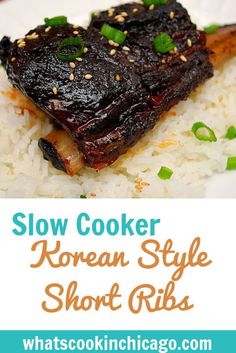 slow cooker korean style short ribs on white rice with green onions and sesame seeds