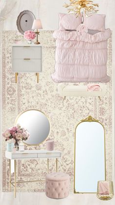 a bedroom with pink and gold decor on the walls, mirror, dressers and bedding