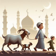 a man walking with two goats and a child