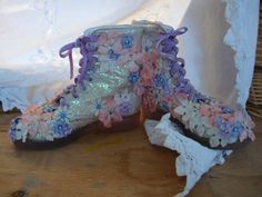 In a child size 10.5; these one of a kind, embellished, recycled children's boots are just the thing for dressing up a party outfit or stomping in secret forest places!  Iridescent glittered re-purposed, altered fairy boots adorned with silk flower petals, vintage velvet leaves, rhinestones, and velvet ribbon.  fly Fairy Boots, Recycled Shoes, Velvet Leaves, Vintage Baby Shower, Secret Forest, Magical Fairy, Magical Gift, Silk Flower, Vintage Velvet