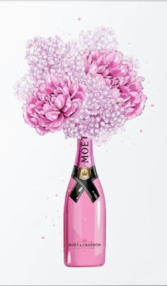 a pink bottle with flowers in it