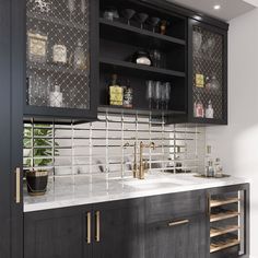 Dark Wood Built-in Bar with Clear Mirror Glass Subway Tile and Brass Fixtures Mirrored Subway Tile, Wet Bar Designs, Glass Mirror Tiles, Subway Tile Design, Tile Options, Home Bar Rooms, Modern Home Bar, Mirror Backsplash, Built In Bar