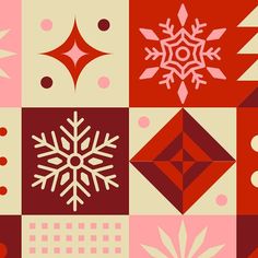 an assortment of snowflakes and shapes in red, pink, beige and white