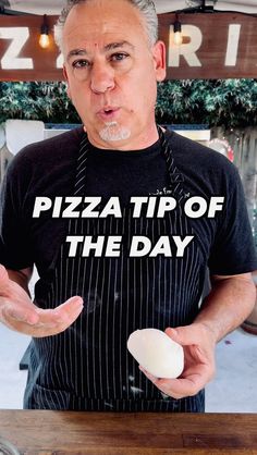 a man holding an egg in front of his face with the words pizza tip of the day on it