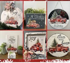 red trucks and snowflakes are featured in this collage with the words joy, all roads lead to christmas