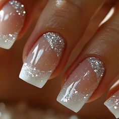 49794213871915 Cute Short Square Nails Glitter, Sparkly Short Nails, Sparkly French Nails, Alice Nails, French Manicure Glitter, Acrylic Nail Set, Fake Nails With Glue, Nail Designs Glitter