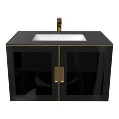 a black cabinet with a white sink and gold trim around the door is shown in front of a white background