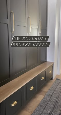 a kitchen with gray cabinets and gold handles