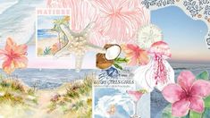 a collage with pink flowers, shells and other items on the beach in pastel colors