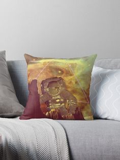 an astronaut is sitting on the couch with his hand in his pocket throw pillow