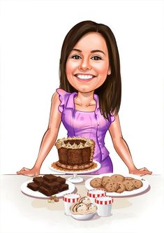 a caricature of a woman sitting in front of a cake and desserts