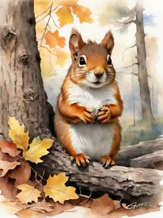 a painting of a squirrel sitting on a tree branch