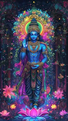 Discover the captivating beauty of Lord Vishnu standing serenely on a blooming lotus, surrounded by an explosion of cosmic colors and intricate details. This artwork radiates divine energy, portraying Vishnu with a vibrant aura and celestial decorations that celebrate his role as the sustainer of the universe. The rich hues of blue, purple, and pink, along with the delicate lotus flowers, bring a sense of peace, mysticism, and spiritual transcendence. Lord Vishnu 3d Wallpapers, Lord Vishnu In Space, Vishnu God Wallpaper, Maha Vishnu Images Hd, Lord Vishnu Images Hd, Vishnu Photo, Celestial Decorations, God Wallpaper Hindu, Hindu God Pictures