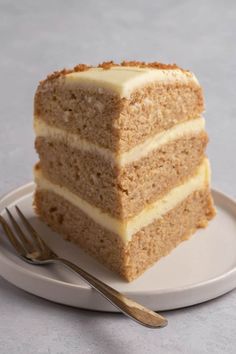 a slice of cake on a plate with the words easy healthy banana cake no eggs, no dairy, no sugar