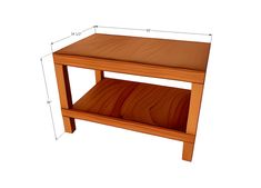 a wooden table with measurements for the top and bottom shelf on each side, including one section