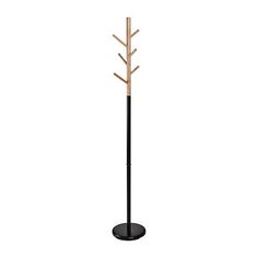 a black and wood coat stand with three trees on it's sides, in front of a white background