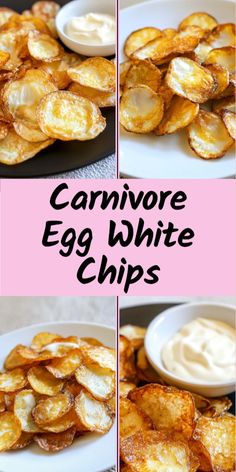 four pictures showing different types of food with the words carnivor egg white chips