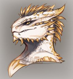 a drawing of a dragon head with gold and white details on it's face