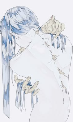 an artistic drawing of a woman with blue hair and wings on her head, looking down at the ground