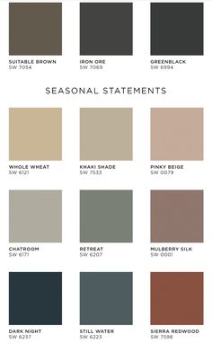 the color scheme for seasonal statements in shades of brown, beige and green with text that reads seasonal statements